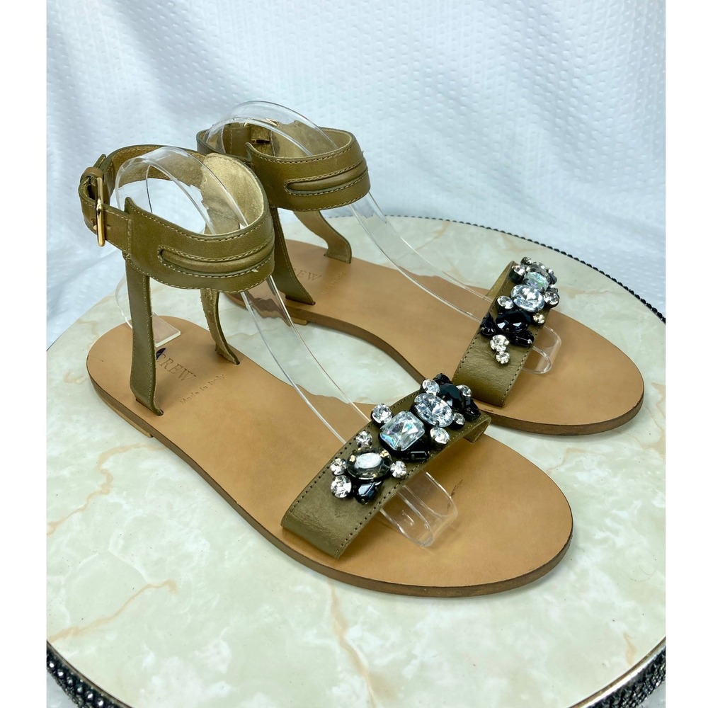 J. Crew Jeweled Ankle Strap Flat Sandals Womens 9.5 Olive Green Leather Summer